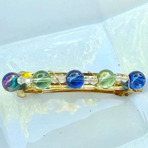 Hand Crafted Accessories - Hand Crafted Blue & Green Round Bead & Clear Crystals Gold Tone Hair Clip